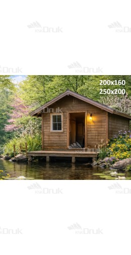 Tło fotograficzne „Drewniana chatka nad stawem z liliami wodnymi” | E859